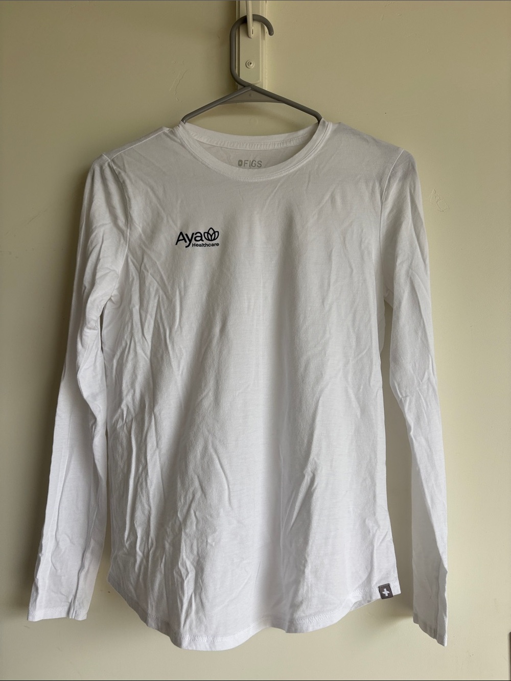 Figs Long Sleeve Crew in White with Small Black Logo